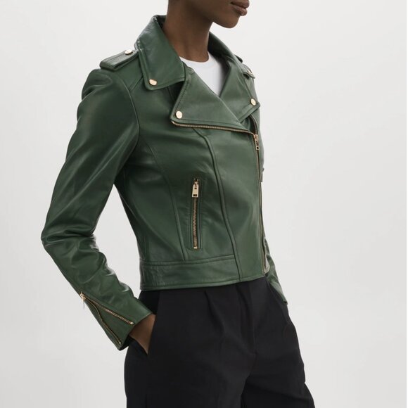 Lamarque Donna Leather Biker Jacket - Forest Green, Large - Picture 2 of 3
